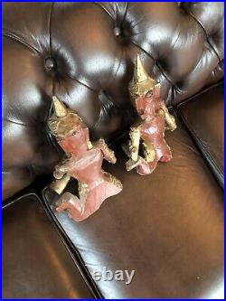 Hanging Pair of Thai Siamese Musicians Gold Gilt Wood Carved Jewelled Antique