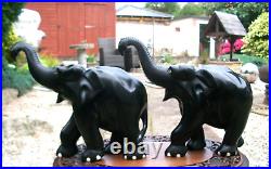 LARGE3.2kg PAIR OF EBONY -CEYLON-HAND CARVED WOODEN ELEPHANT-TRUNK UP