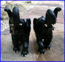 LARGE9.6kg PAIR OF EBONY HAND CARVED WOODEN ELEPHANTS-TRUNKS UP