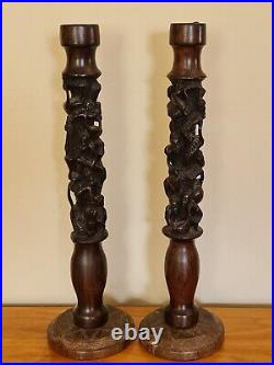 Large Pair of African Makonde Tribe Carved Ebony Wood Sculpture Candlesticks
