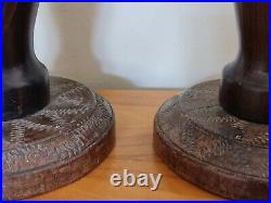 Large Pair of African Makonde Tribe Carved Ebony Wood Sculpture Candlesticks
