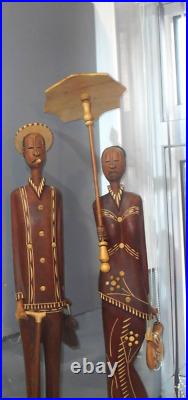 Large Size 32 Vintage Pair African Man & Woman Carved Wood Sculptures Figurines