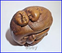 Mid-Century Asian Hand Carved Wooden Couple/Lovers Hugging Figurine
