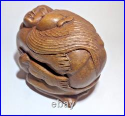 Mid-Century Asian Hand Carved Wooden Couple/Lovers Hugging Figurine