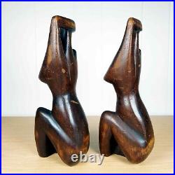 Mid Century Modern Pair of Nude Sculptures Modernist Hand Carved Wood Haitian