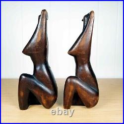 Mid Century Modern Pair of Nude Sculptures Modernist Hand Carved Wood Haitian
