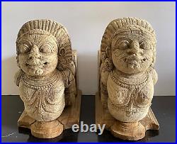 Monumental Wood Carved Pair of Antique Oriental Architectural Temple Guardians