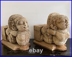 Monumental Wood Carved Pair of Antique Oriental Architectural Temple Guardians