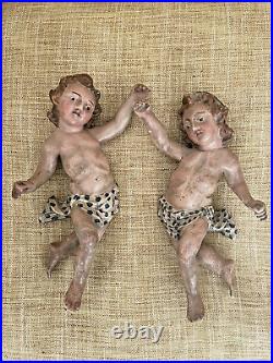PAIR 19th Century Italian Painted Wood Hand Carved Cherubs or Angels