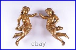 PAIR 19thc large Baroque Wood carved gold gilt putti cherub wall angels statue