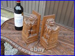 PAIR Belgian 1944 Wood carved lion Bookends rare
