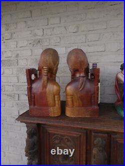 PAIR LARGE wood carved native american Tribal art bookends mid 20thc