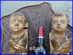 PAIR antique 19thc wood carved polychrome putti angel heads wall plaque statue