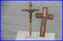 PAIR antique french religious wood carved crucifix