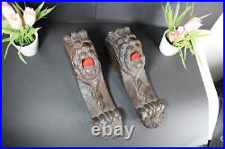 PAIR antique wood carved head ornaments cabinet