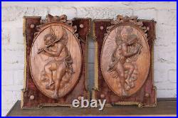 PAIR antique wood carved putti angel musician figural wall panel plaque velvet