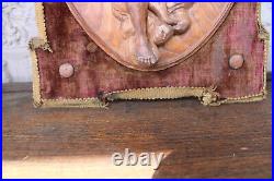 PAIR antique wood carved putti angel musician figural wall panel plaque velvet