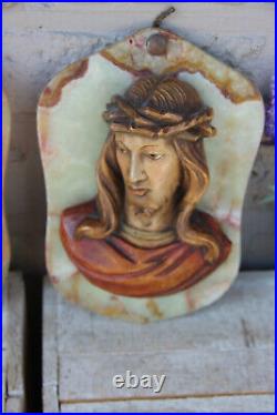PAIR vintage italian wood carved relief madonna jesus figurine onyx plaque