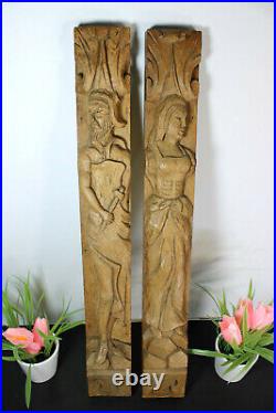 PAIR wood carved cabinet ornaments panels man lady figural