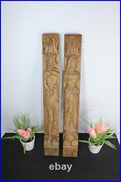 PAIR wood carved cabinet ornaments panels man lady figural
