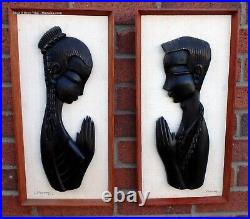 Pair 1960s vintage carved wood framed miniature silhouettes signed Kasem