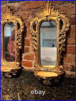 Pair (2) Vintage Gold Gilt Carved Ornate Wood Sconces
