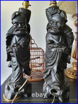 Pair Antique 16.5Chinese Root ebonised Wood Carving Wiseman lamp bases, statues