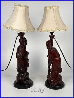Pair Antique Chinese Chinoiserie Carved Rosewood Scholar Figural Accent Lamps