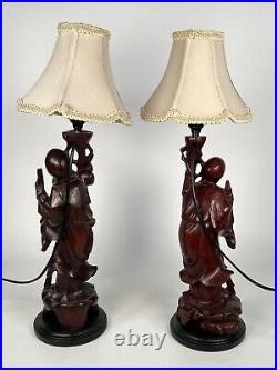 Pair Antique Chinese Chinoiserie Carved Rosewood Scholar Figural Accent Lamps
