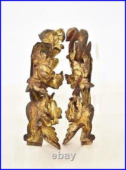 Pair Antique Chinese Red & Gilded Wooden Carving of Phoenix & Flower, 19th c