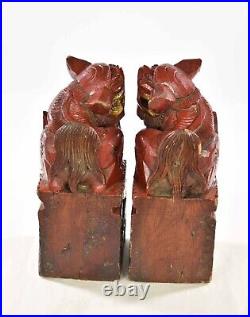 Pair Antique Chinese Red Gilt Wood Carved Statue of Animal Fu / Foo Dog / Lion