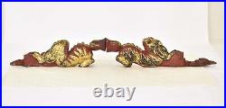 Pair Antique Chinese Red & Gilt Wood Carved Statue of Fu Foo Dog / Lion, 19th c