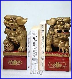 Pair Antique Chinese Red Gilt Wood Carved Statues Fu Foo Dog Lion Book Ends