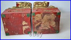 Pair Antique Chinese Red Gilt Wood Carved Statues Fu Foo Dog Lion Book Ends