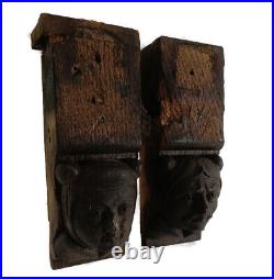Pair Antique Corbels Hand Carved Wood Architectural reclaimed Jesters Trims Salv