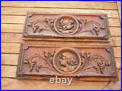Pair Antique Hand Carved Wood Figural Pediments Architectural Salvage Furniture