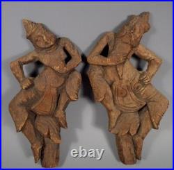 Pair Burma Burmese Mandalay Carved Wood Dancing Figures ca. 18-19th Century