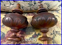 Pair Carved Wood Finials Antique Newel Post Bed Furniture Architectural Salvage