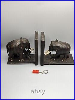 Pair Ceylonese Coromandel Elephant Bookends- Hand-Carved Wood, Horn Tusks