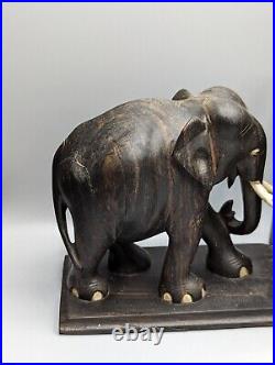 Pair Ceylonese Coromandel Elephant Bookends- Hand-Carved Wood, Horn Tusks