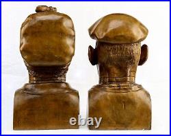Pair Expertly Wood Carved Artist Signed Farmer Couple Old Man & Woman Head Busts