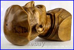 Pair Expertly Wood Carved Artist Signed Farmer Couple Old Man & Woman Head Busts