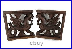 Pair French Corbels Dragons Hand Carved Wood Brackets Gothic Architectural Heral