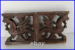 Pair French Corbels Dragons Hand Carved Wood Brackets Gothic Architectural Heral
