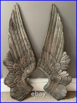 Pair Hand Carved Angel Wings Grey Distressed Wood