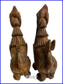 Pair Hand Carved Chinese Hard Wood Statue Statues Large 17 Figures Wealth Luck