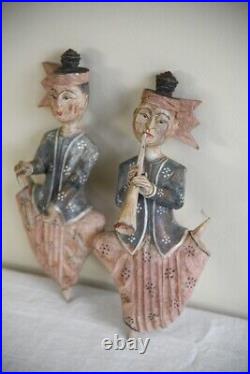 Pair Indonesian Carved Musician Wall Plaques Wall Hangings