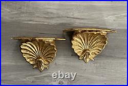 Pair Italian Florentine Gold Gilt Wood Carved Shell Shelves Sconces Made Italy