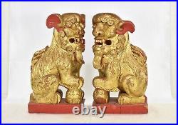 Pair Large Antique Chinese Red Gilt Wood Carved Statue Sculpture Fu Foo Dog Lion