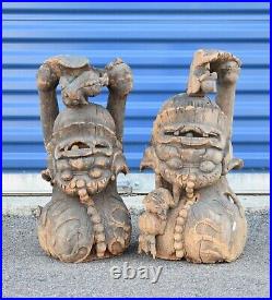 Pair Large Antique Chinese Wood Carved Statue Sculpture of Fu Foo Dog, Pre-1800